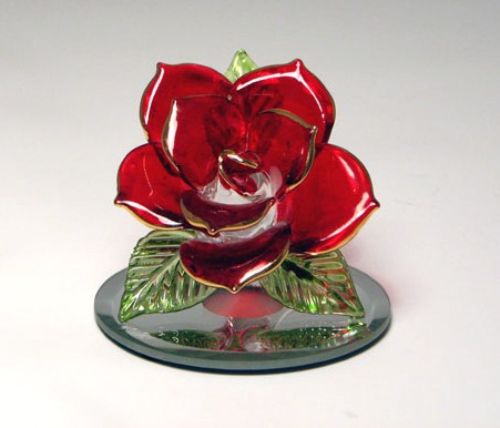 Red Glass Rose on Mirror Base